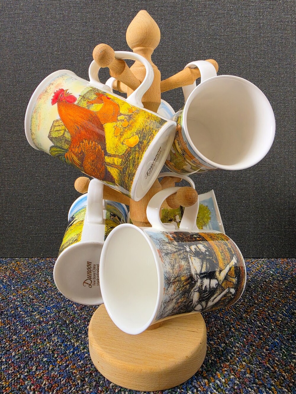 6 Dunoon Fine Bone China Coffee Mug Set with Mug Tree  Made In England